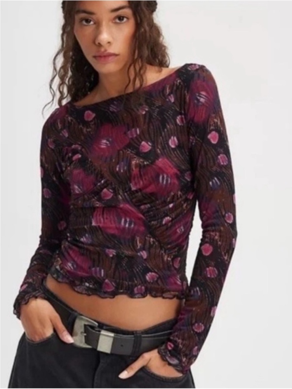▪️NEW! Free People Mesh Ruched Long Sleeve Floral Top L